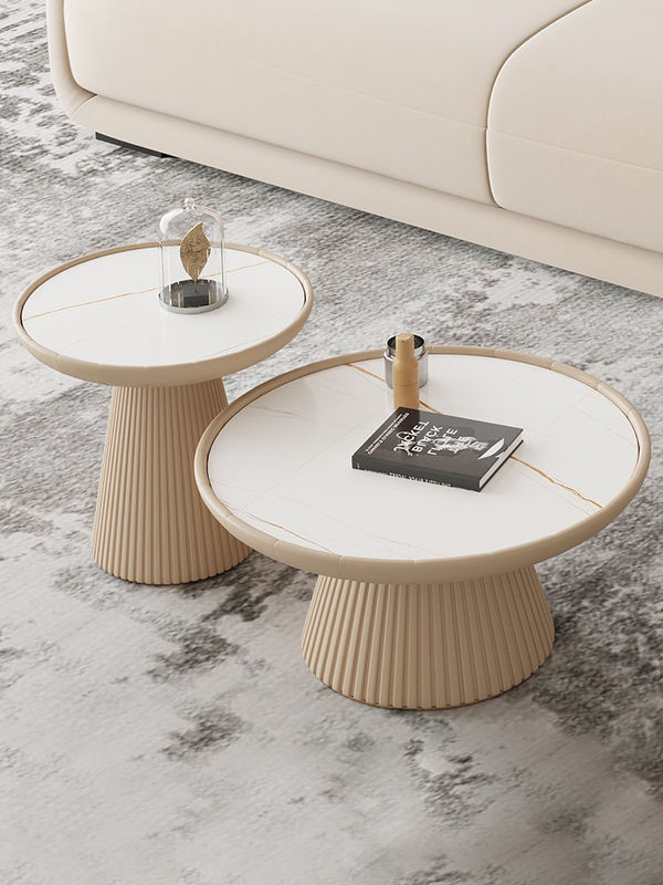 PU Pedestal Marble Top Wood Coffee Table Round Bowl Shaped